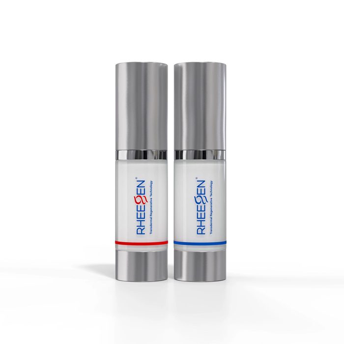 RheeGen transdermal cream, a red-capped and a blue-capped bottle side by side on a white background.